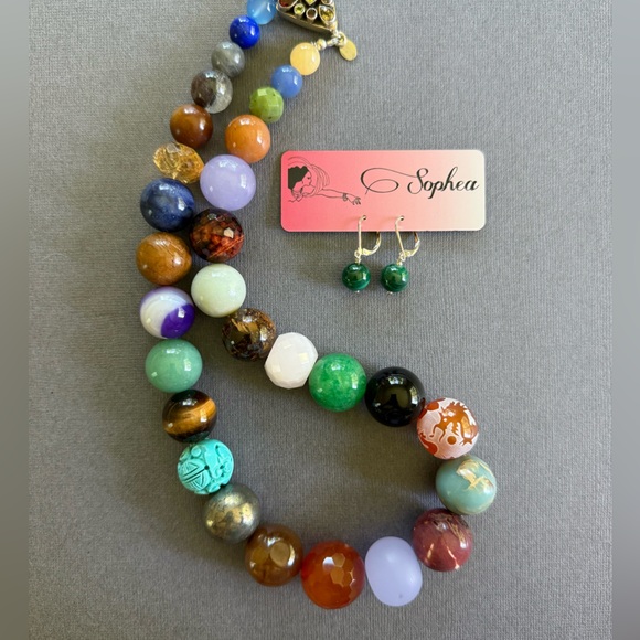 NWT Multicolor Gemstone Statement Necklace and Earring Set Sterling Silver Gift - Picture 2 of 9